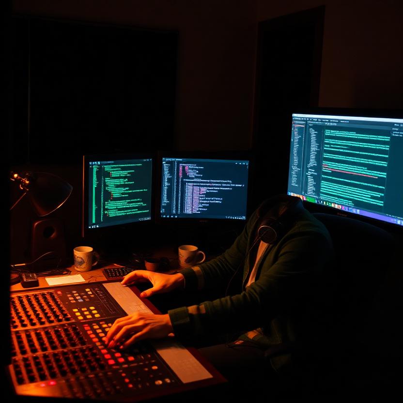 Dan at the desk — faders, terminals, songforge