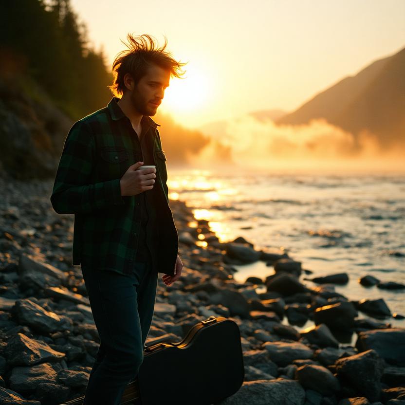 Dan on a riverbank at golden hour