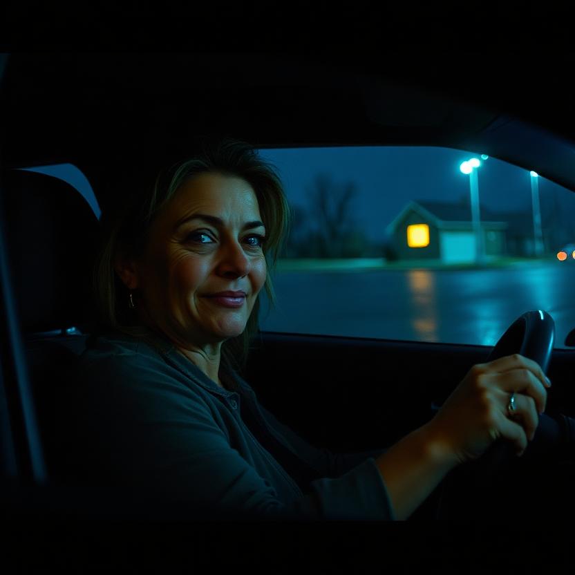 Dana in her car in the arena lot